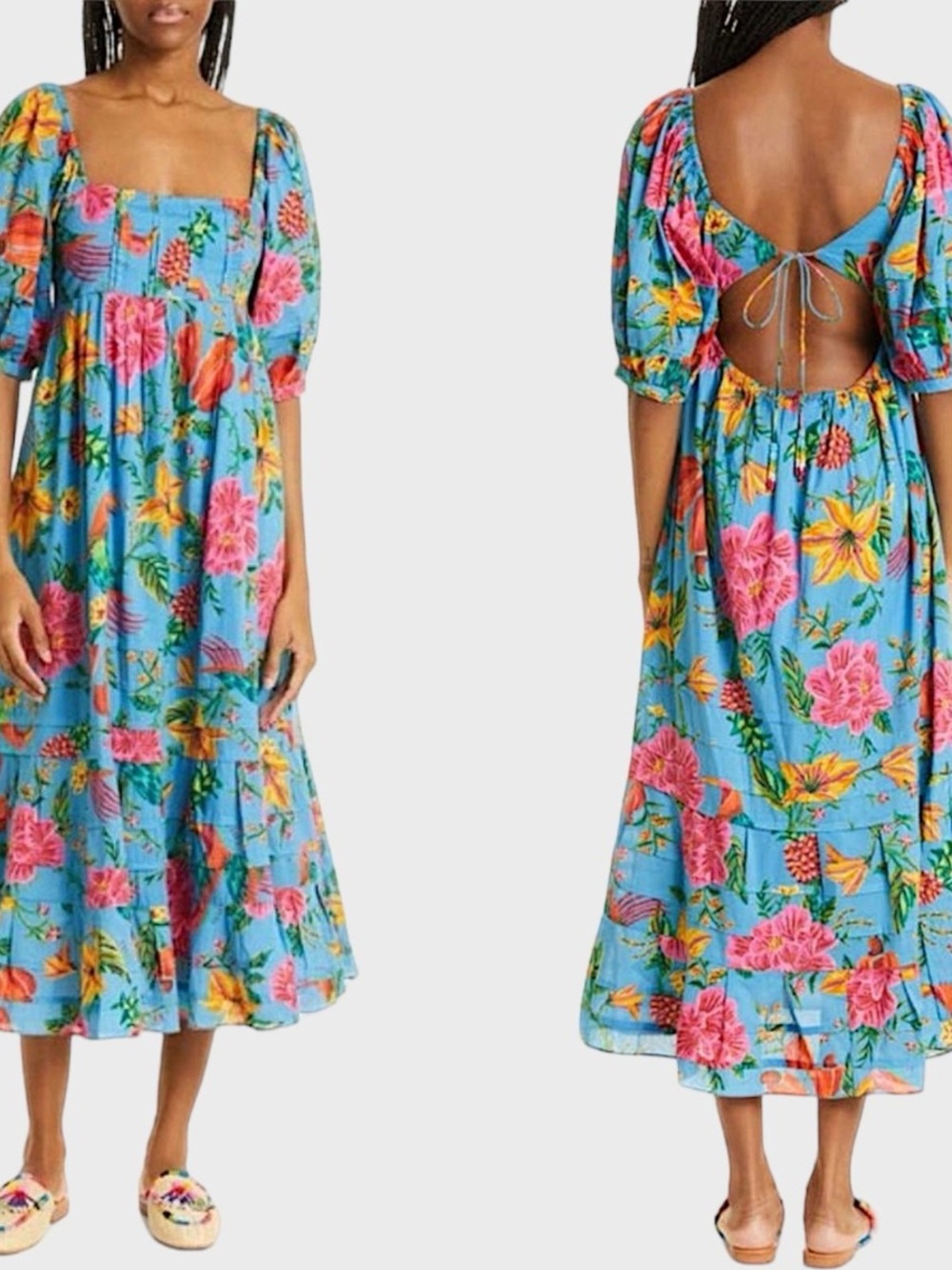 Farm Rio Floral Midi Skirt in Teal with Pink & Yellow Blooms
